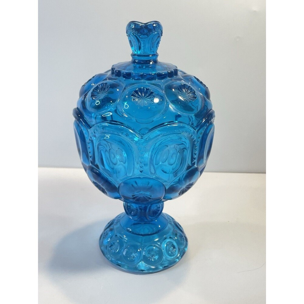 VTG LE Smith 8" Blue Glass Moon & Star Lidded Pedestal Compote Candy Dish GLOW - Picture 10 of 12